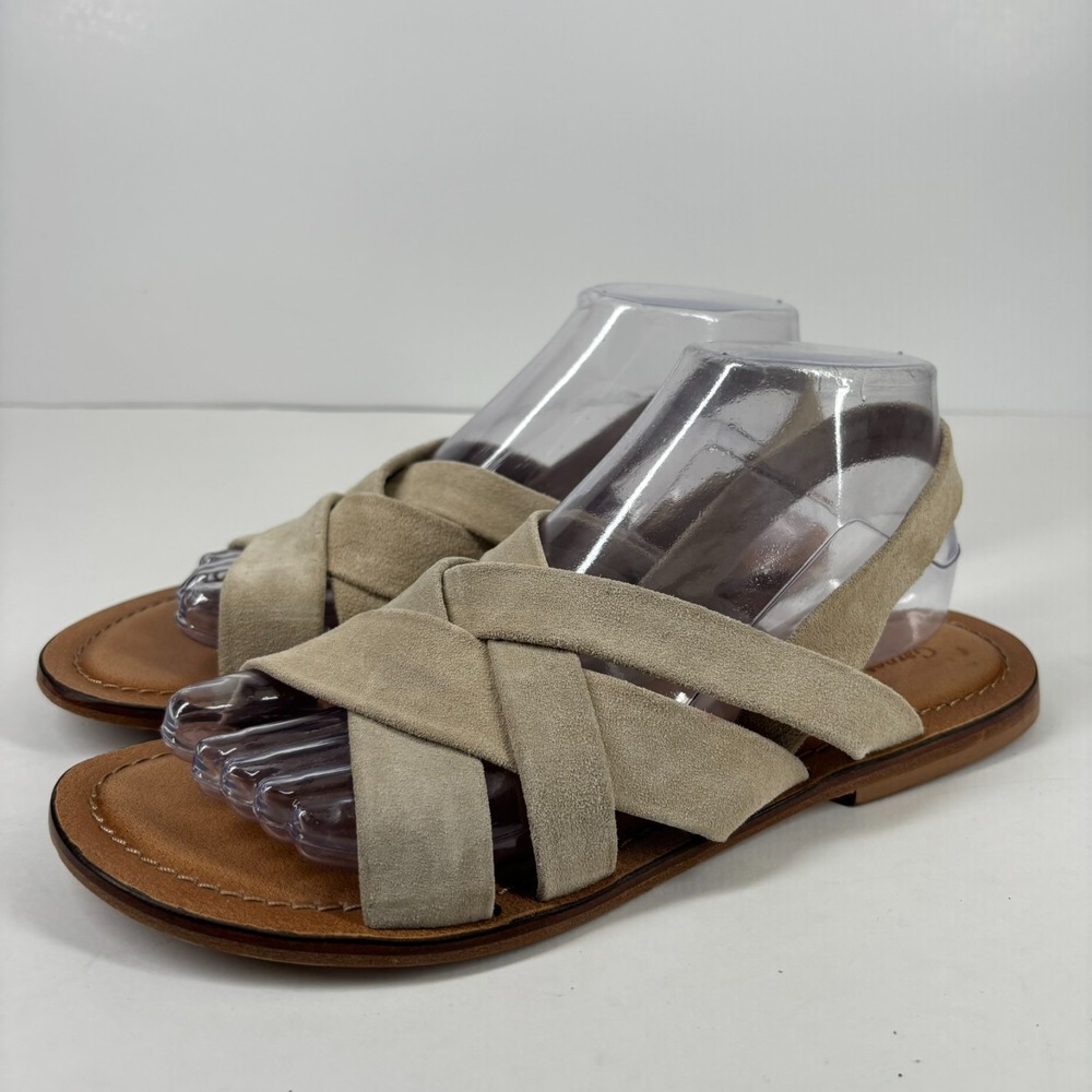 Garnet Hill Malena Crossover Women's 7.5 Beige Suede ‎ Strap Flat Sandals 500467
